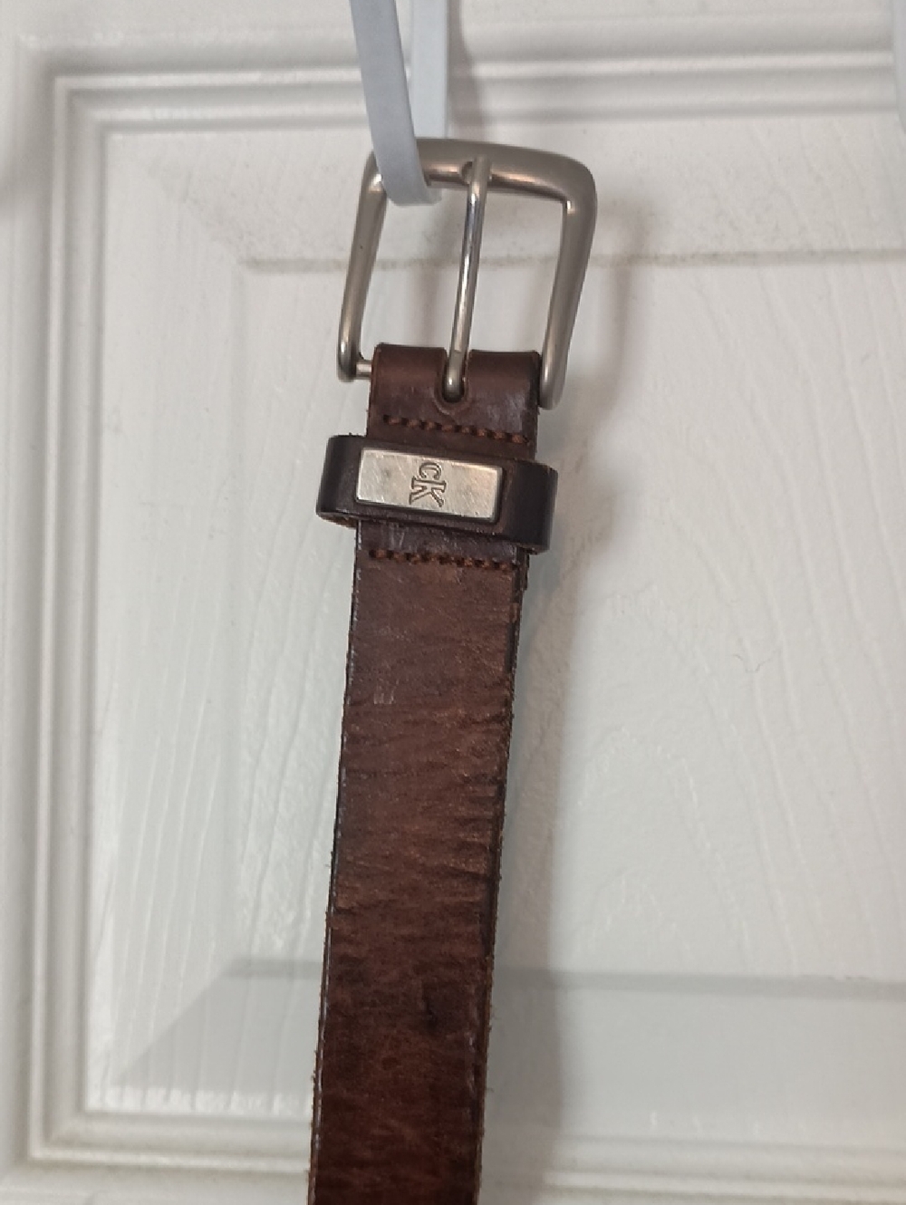 Calvin Klein Dark Brown Leather Belt with Silver-Tone Buckle